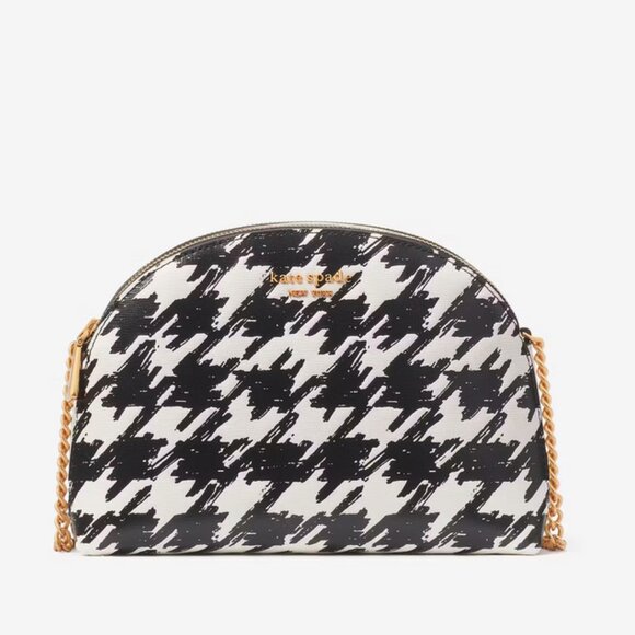 Kate Spade Morgan Painterly Houndstooth Double Zip Dome Crossbody - Black White - Picture 2 of 7